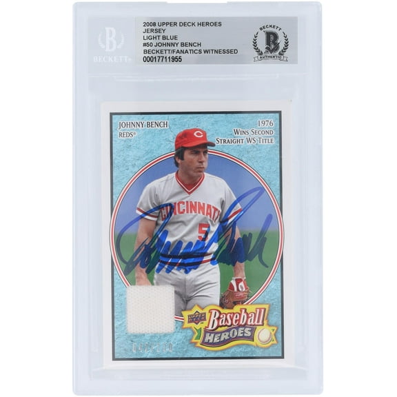 Johnny Bench Cincinnati Reds Autographed 2008 Upper Deck Baseball Heroes Light Blue Jersey Relic #50 #/200 Beckett Fanatics Witnessed Authenticated Card - Fanatics Authentic Certified