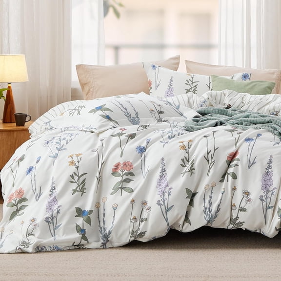 Twin/Twin XL Duvet Cover - Reversible White Duvet Cover Set with Zipper Closure, 2 Pieces Cute Floral Patterned Bedding Set with 8 Corner Ties and 1 Pillow Sham