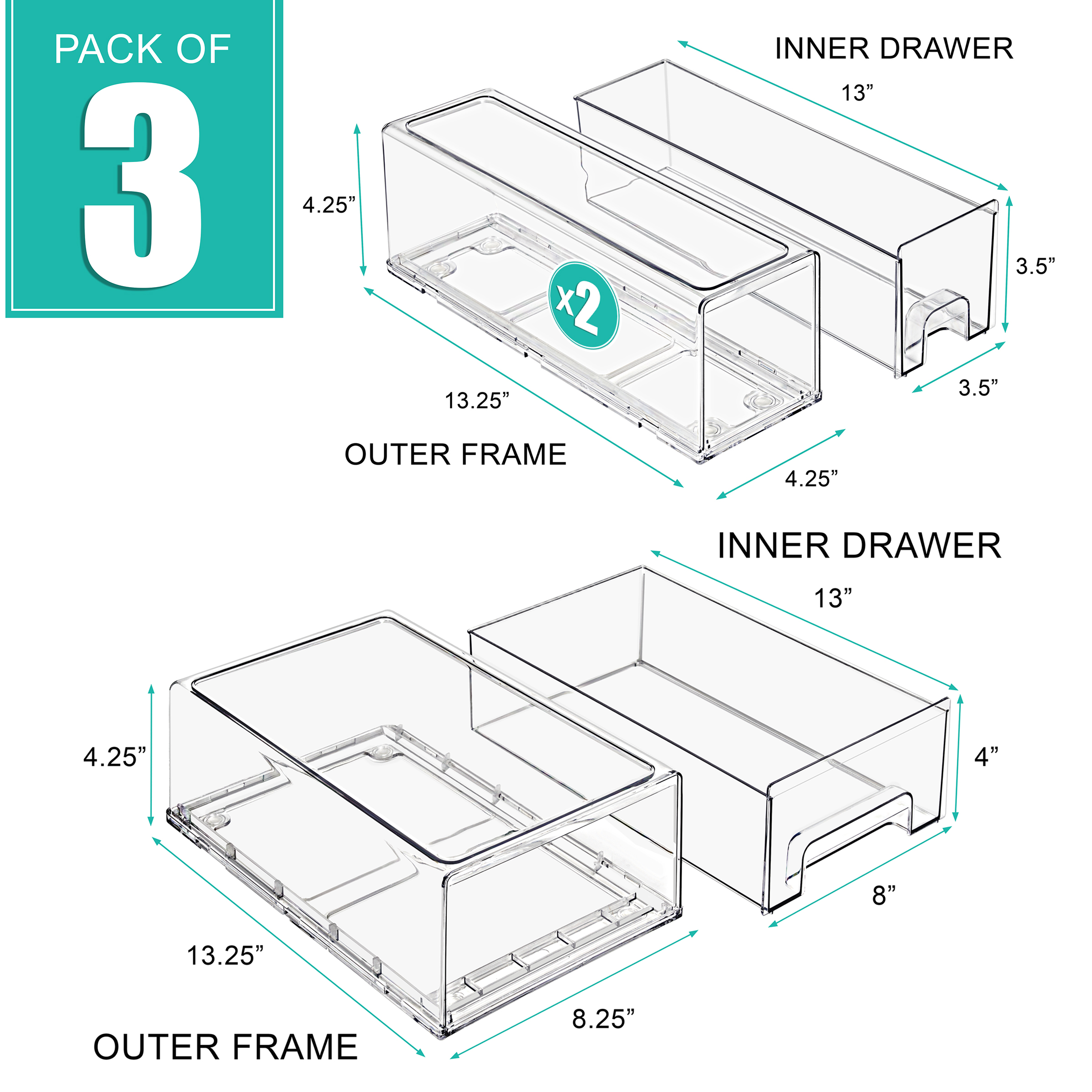 Sorbus Clear Stackable Storage Drawers – 1 Medium & 2 Small Plastic Organizer Bins with Handles for Closet, Kitchen, Bathroom, Office & Home