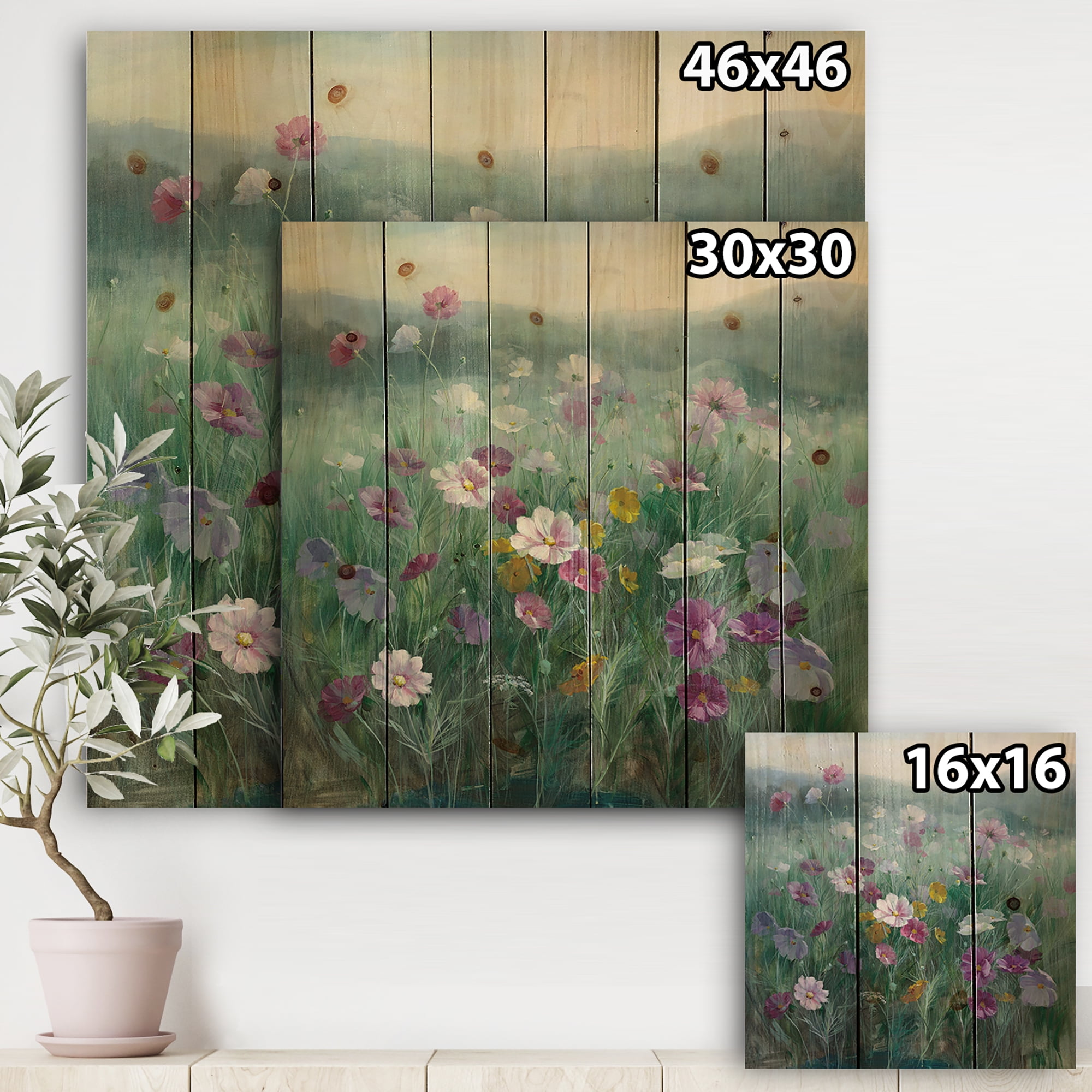 Designart 'Flower Field Meadow' Floral Farmhouse Print on Natural Pine Wood