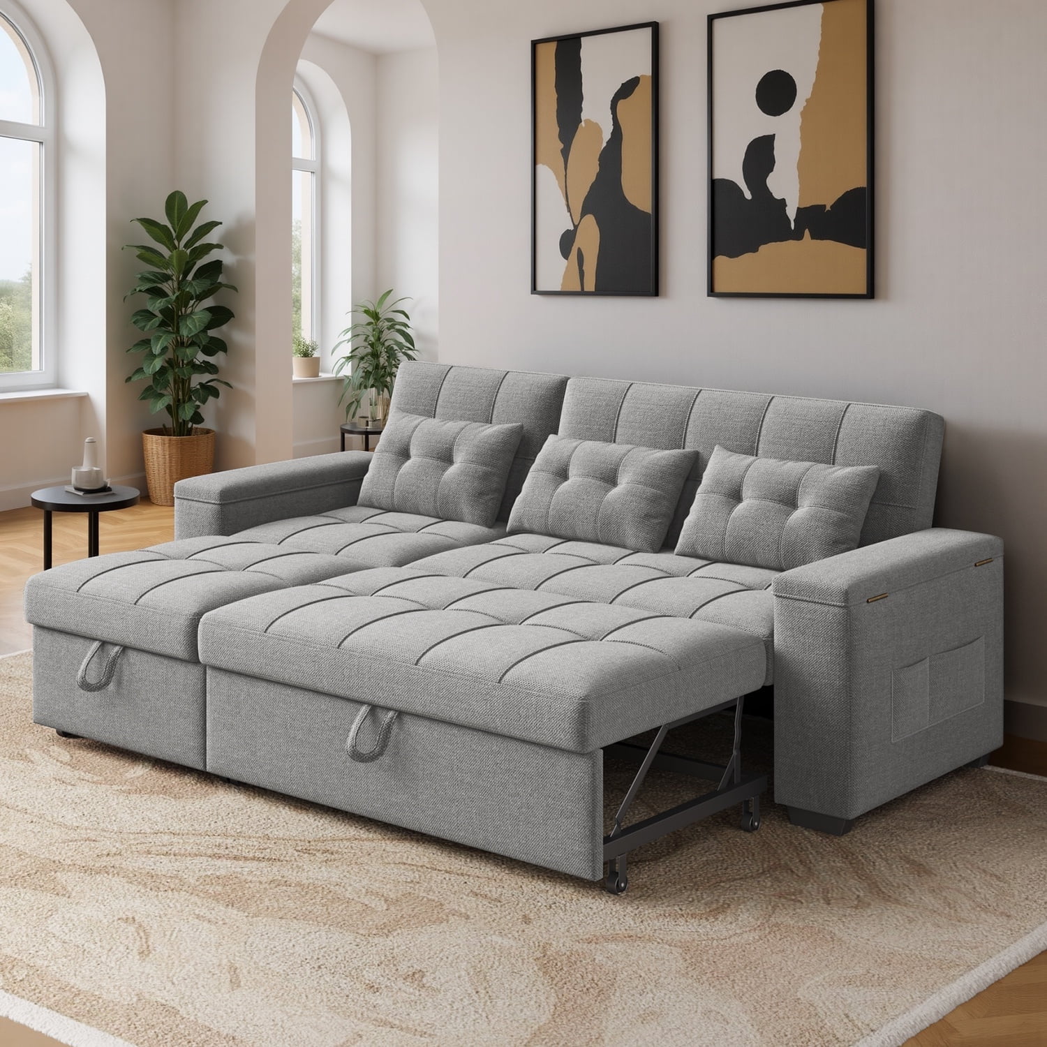 Noelse Queen Size Pull Out Sofa Bed 87", 3-in-1 Convertible Sleeper Couch with Storage Armrest and Adjustable Backrest, Space Saving Sofa for Living Room Apartment, Gray