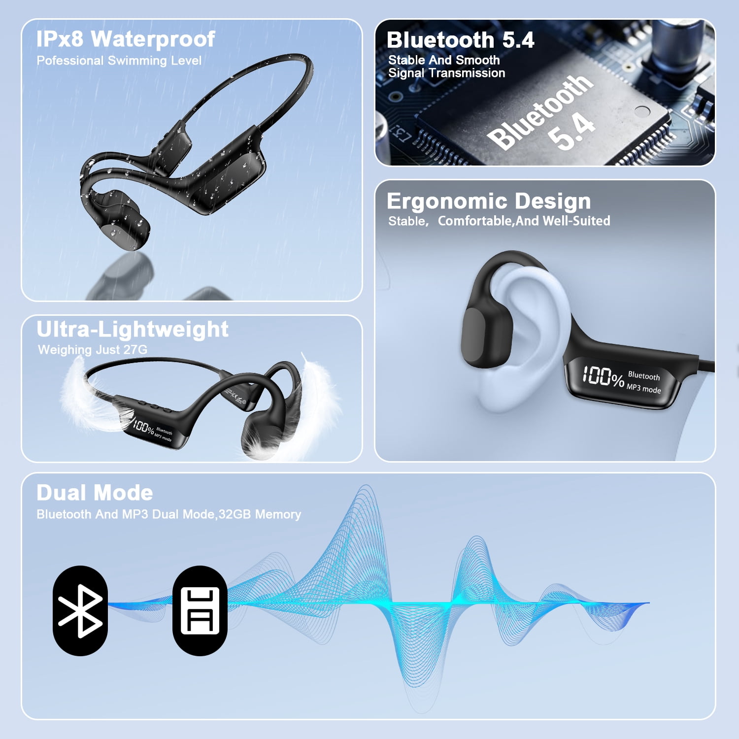 Bone Conduction Headphones with 32GB Built-in Storage,AILKIN Bluetooth 5.4 Headphones, IPX8 Waterproof Swimming Headphones for Running, Cycling, and Workout, Black
