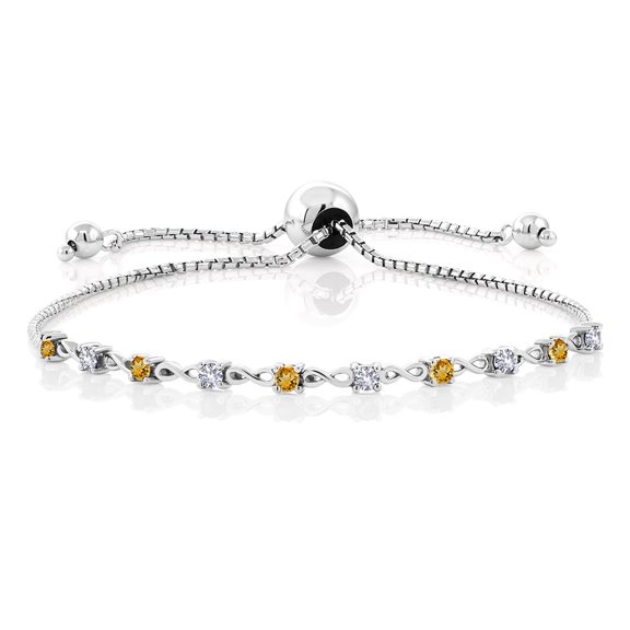Gem Stone King 0.60 Ct Round Yellow Citrine White Created Sapphire 925 Sterling Silver Bracelet for Women