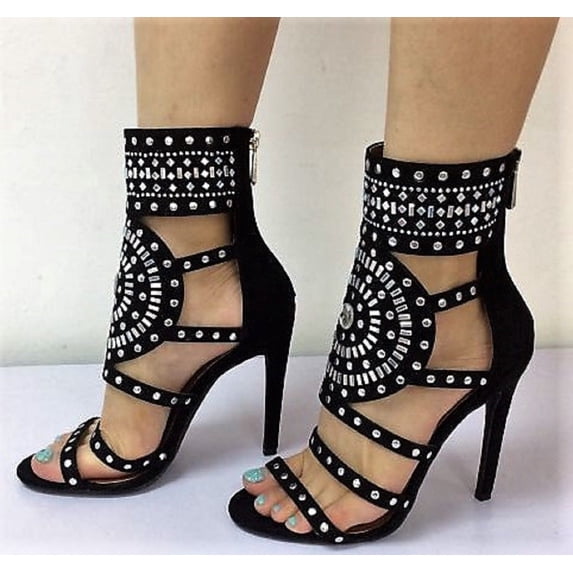 Blaire-5 Rhinestone Embellished Strappy Gladiator Stiletto Heel Sandal Black