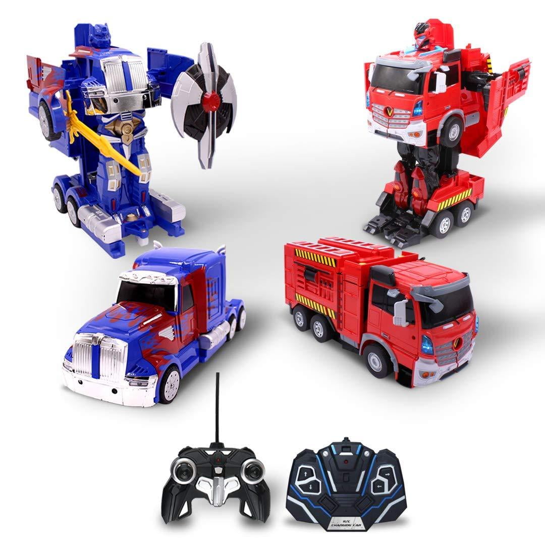 Kids RC Toy Car Transforming Robot Fire Car Blue Truck Set