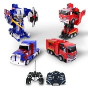 Family Smiles Kids Red Fire Truck and Blue Truck 1:12/1:14 Scale RC Toy Transforming Robot Set for Boys Remote Control Vehicle Ages 8 - 12