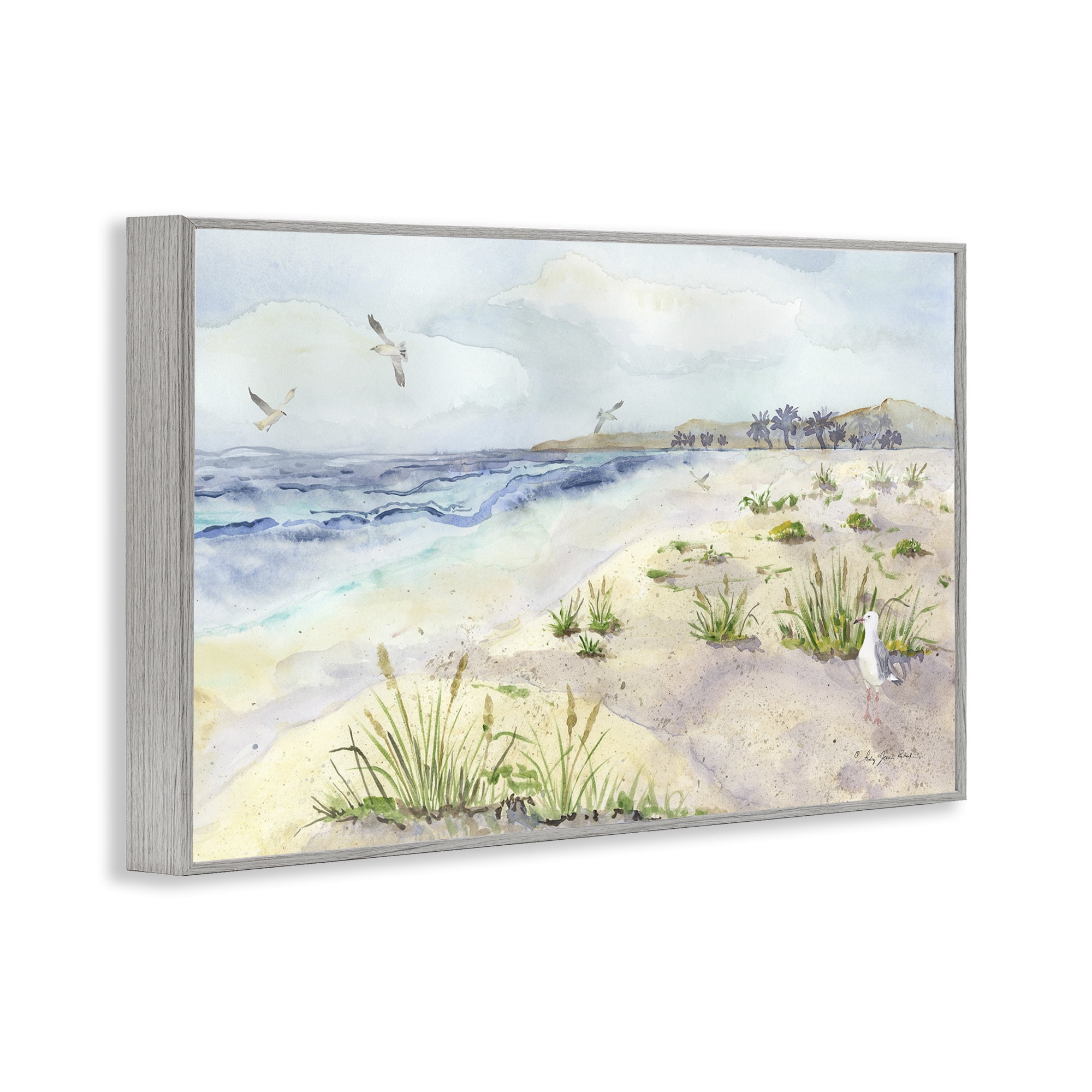 Stupell Industries Seagulls Over Beach Landscape Painting Gray Framed Art Print Wall Art, 24 x 16