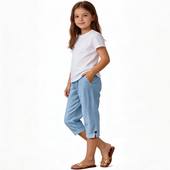 hoksml Girls Cotton Linen-Look Capri Pants, Kids Elastic Waist Casual Pants with Pockets