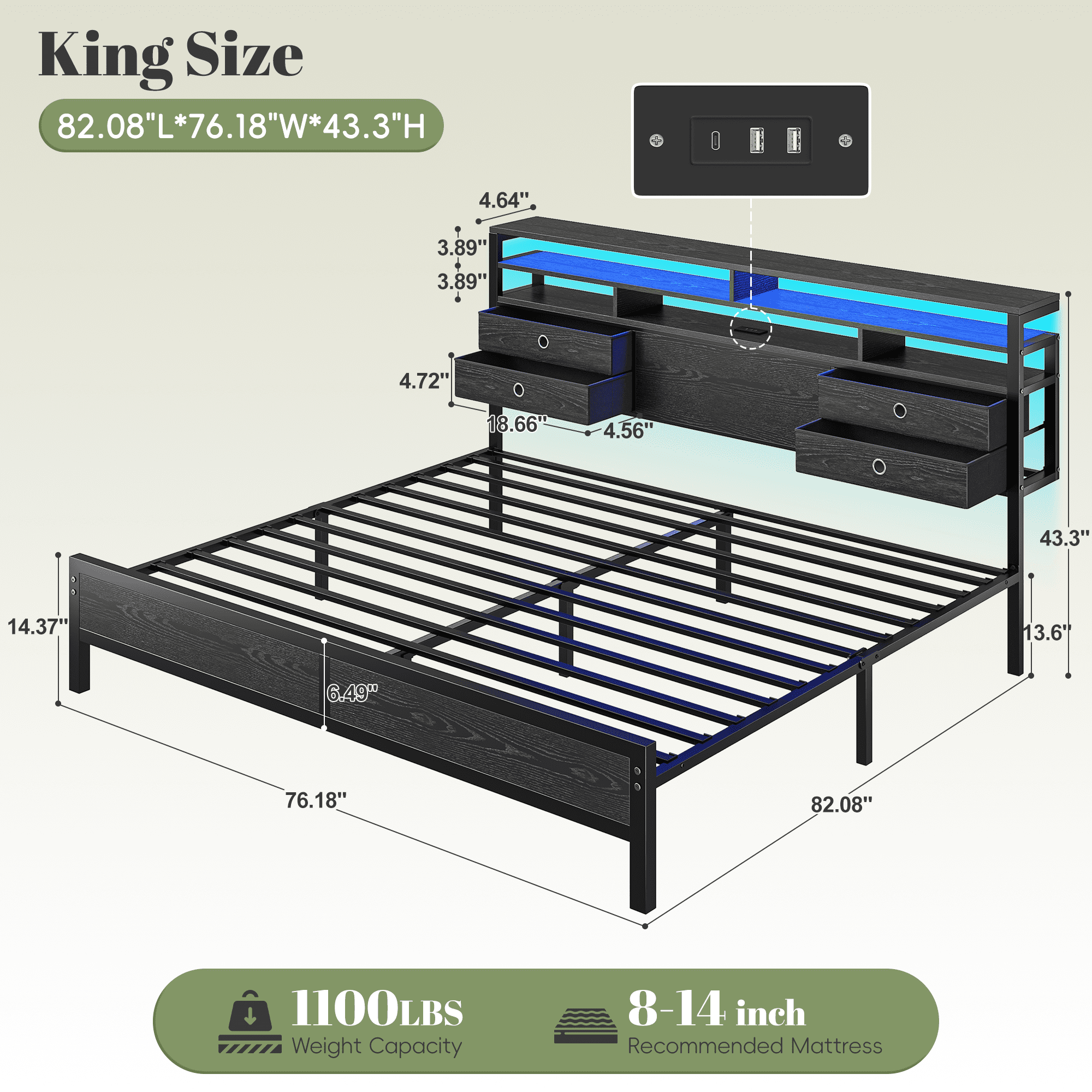 EnHomee Metal Bed Frame King with Headboard Metal Bed Frame with 4 Storage Drawers & 2-Tier Shelf & LED Light & Charge Station,Black