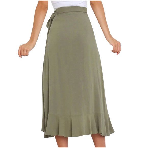 Women's Ruffle Wrap Long Skirt High Waisted Tie Knot Irregular Maxi Skirt Solid Color Casual Skirt for Business Casual