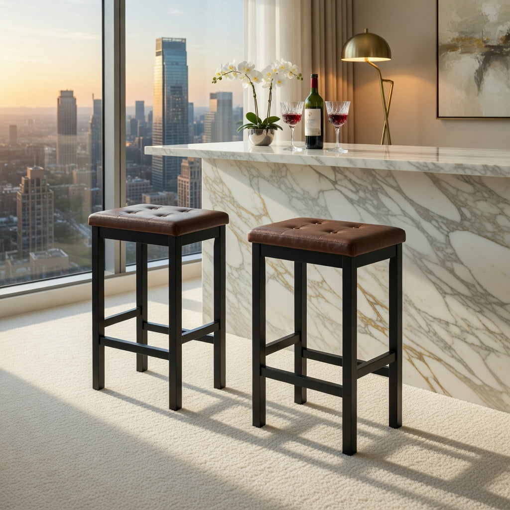 Yardi Yard 24 Inch Bar Stools Set of 2, Bar Stools with Padded Seat Footrest and Rubber Wood Frame, Brown