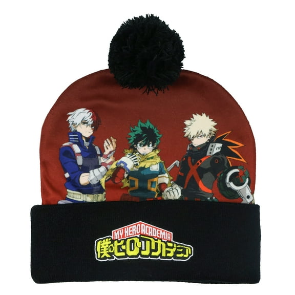 My Hero Academia Beanie Deku Shoto Bakugo Sublimated Knit Cuffed Winter Hat with Pom