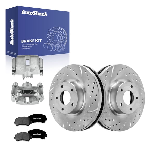 AutoShack Front Vented Drilled & Slotted Silver Zinc Coated Brake Rotors   Premium Ceramic Pads   Calipers 8-PC Brake Kit Replacement for 2009-2014 Nissan Maxima SilverShield Pro 12.59" (319.7 mm)