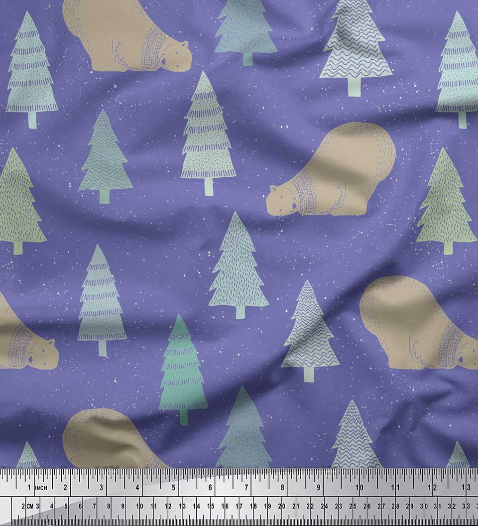 Soimoi Purple Cotton Voile Fabric Bear & Tree Christmas Printed Craft Fabric by the Yard 42 Inch Wide