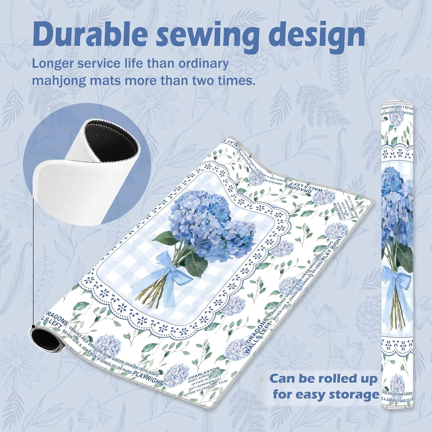 Coquette Bow Blue Hydrangea Mahjong Mat 31.5 x 31.5 Inch, Grandmillennial Hydrangea Flower Non-Slip Noise Reduction Mahjong Table Mat for American Mah Jong Poker Card Board Games Dominoes