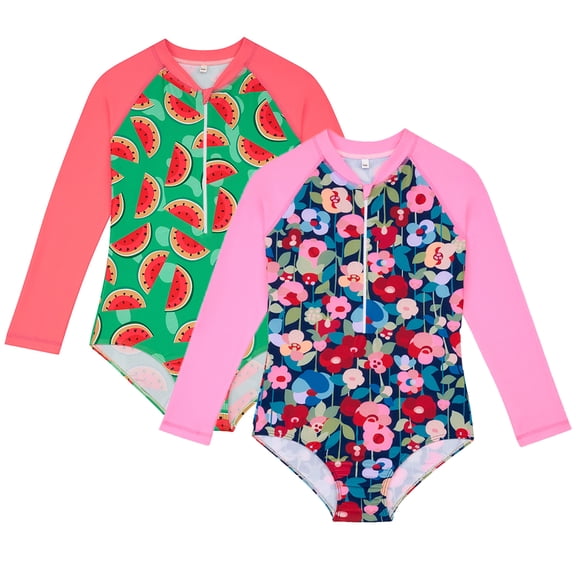 LYMAYTER Kids Toddler Girls One Piece Swimsuits Baby Long Sleeve Rash Guard Zipper Front Bathing Suit UPF 50 Sun Protection Swimwear 4-12T