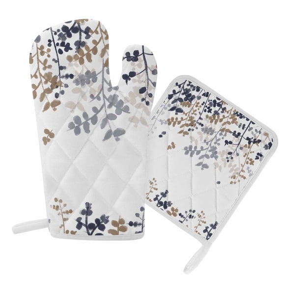 Oven Mitts and Pot Holder Set for Kitchen, Navy Blue Leaves Kitchen Oven Gloves Heat Resistance Non-Slip Surface Potholders Farmhouses Leaf Branches Hot Pads Sets for Cooking Baking Grilling BBQ