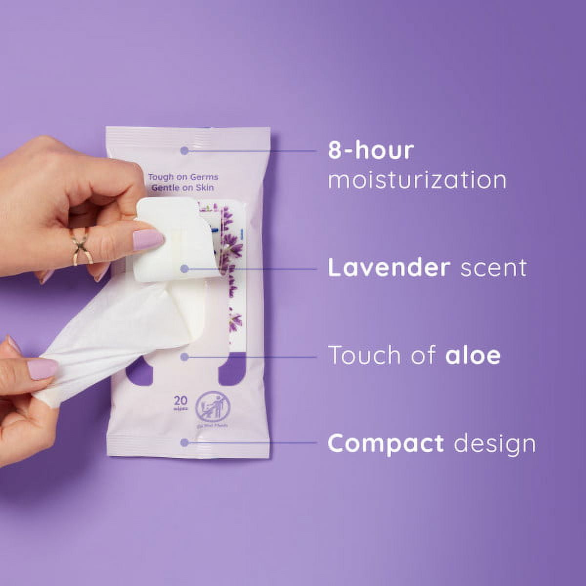 Wet Ones Antibacterial Lavender Scent Hand Wipes 20 Ct Travel Pouch, Case of 10 packs, Kills Germs, 8 Hour Moisturization