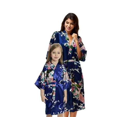 

Navy Blue Mommy and Me Robes Floral Satin Feel