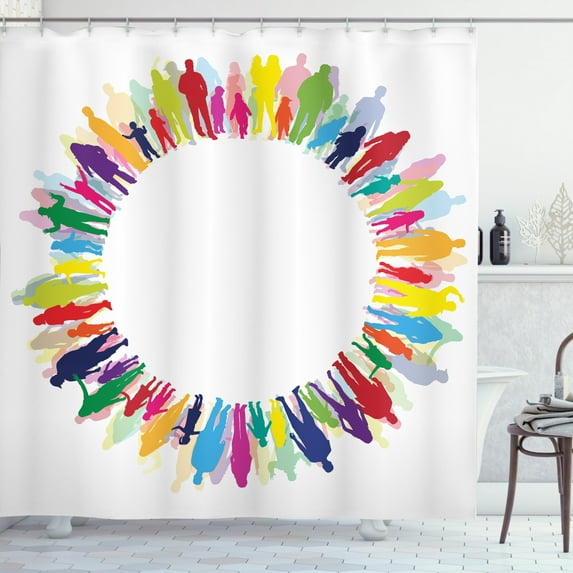 Family Shower Curtain, Colorful People Silhouettes Arranged in a Circle Relatives Togetherness Themed Art, Fabric Bathroom Set with Hooks, 69W X 84L Inches Extra Long, Multicolor, by Ambesonne