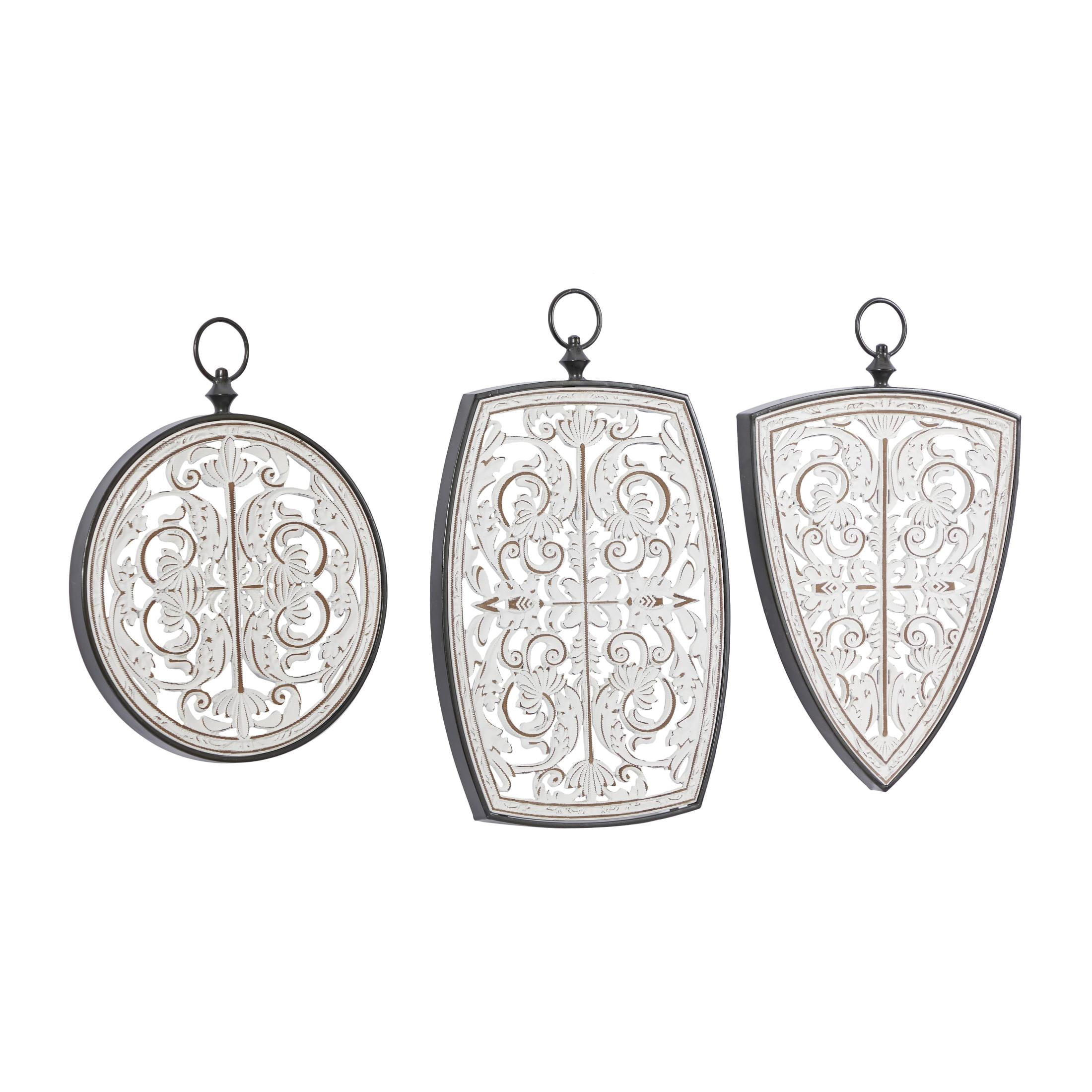 DecMode White Wooden Carved Scroll Wall Decor with Gray Geometric Metal Ring Frames (3 Count)