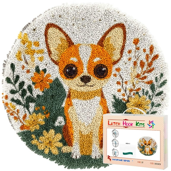 Latch Hook Rug Kit Cute Cartoon Chihuahua Dog and Flower Stamped Handmade Round Shape Carpet Crochet Yarn Craft DIY Hook and Latch Door Mat Tapestry for Christmas Home Floor Decor 50x50cm(2)