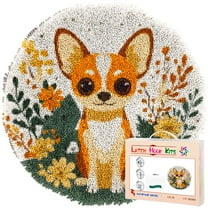 Latch Hook Rug Kit Cute Cartoon Chihuahua Dog and Flower Stamped Handmade Round Shape Carpet Crochet Yarn Craft DIY Hook and Latch Door Mat Tapestry for Christmas Home Floor Decor 50x50cm(2)