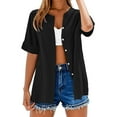 thumbnail image 4 of Yubnlvae Short Sleeve Linen Shirt - Women's Collarless Button-Down Top, Breathable Casual Oversized T-Shirt Style Blouse (Black | S), 4 of 5