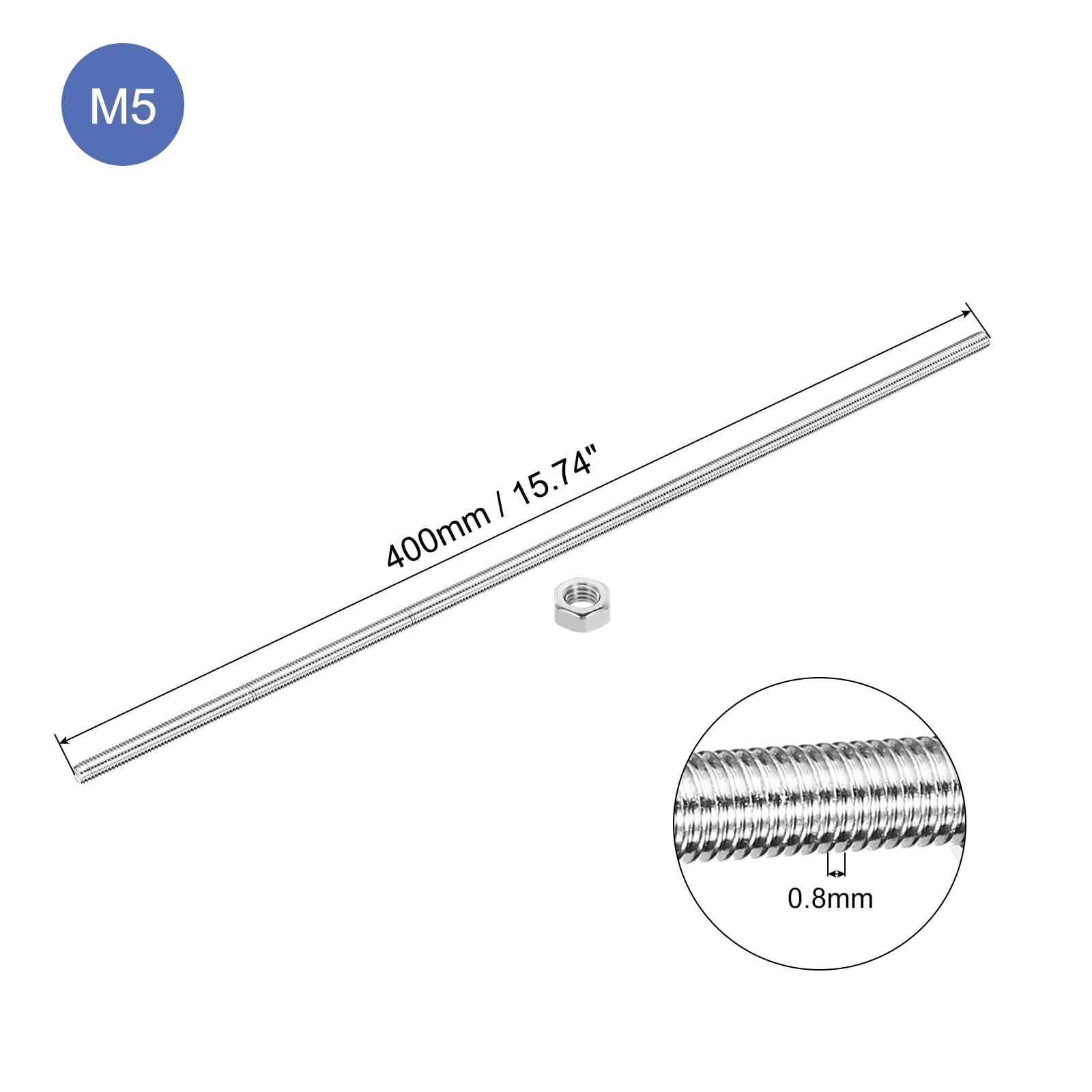 5Pack M5 x 400mm Fully Threaded Rod with 10 Pack Hex Nuts, 1.25mm Thread Pitch 304 Stainless Steel