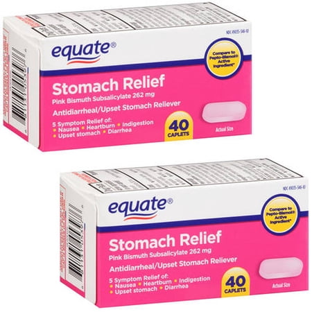 (2 pack) (2 Pack) Equate Stomach Relief Pink Bismuth Subsalicylate Caplets, 262 mg, 40 Ct