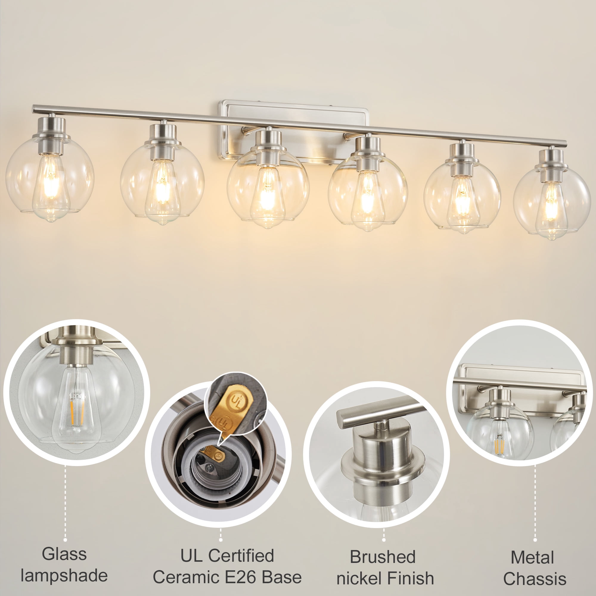 Deyidn 42.12" Nickel Bathroom Vanity Light, 6-Light Dimmable Wall Fixture with Clear Glass Shades for Makeup Mirror, Modern Luxury