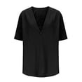 thumbnail image 4 of Shirt for Women Plus Size Short Sleeve Cotton Linen V-Neck Button Solid Shirt Loose T-shirt Black XXL, 4 of 6