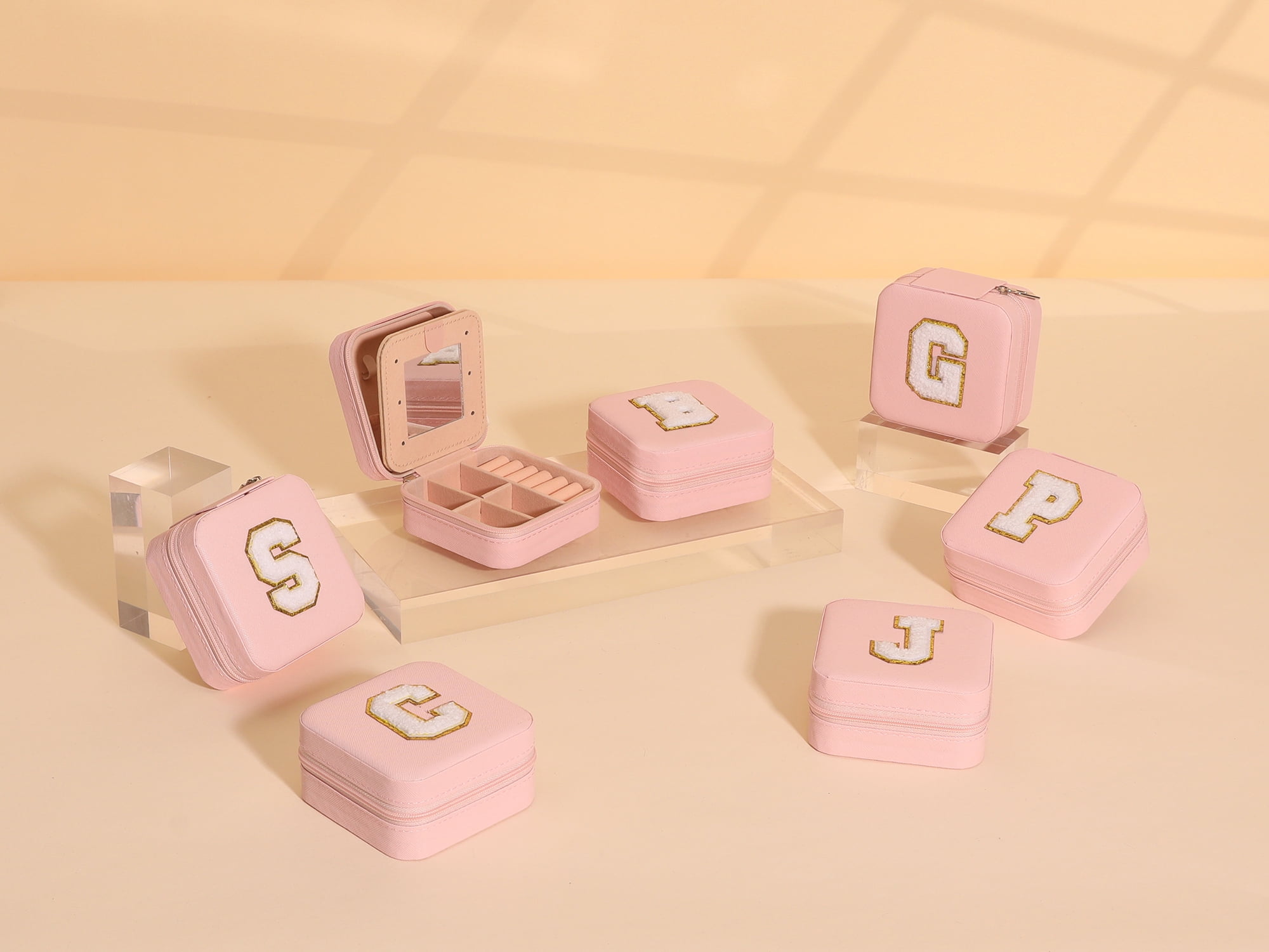 Unique Bargains Jewelry Boxes with Mirror Mini Portable PU Leather Jewelry Organizer Case Pink Letter J
