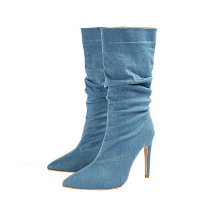

Women Snow Boots Womens Boots Women s High-Heels Mid Calf Pointed Boots 11CM Stilettos Heels Solid Color Fashion Boots Blue