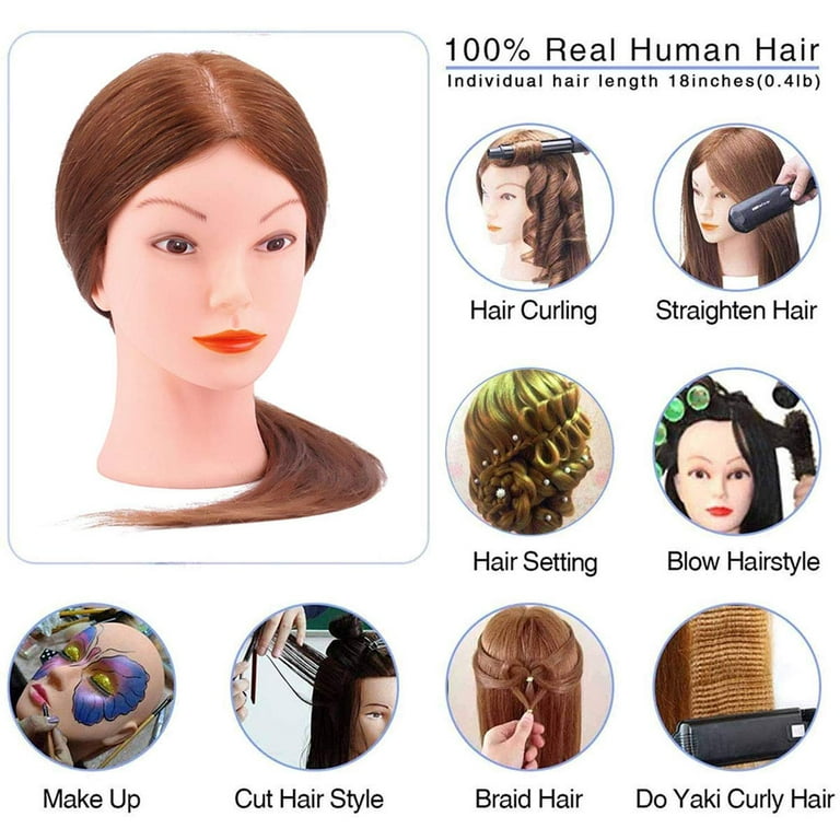 Mannequin Head with 70% Human Hair, 26 Light Brown Real Human Hair  Training Head, Manikin Cosmetology Head with Clamp Holder & Tools, Practice  Doll