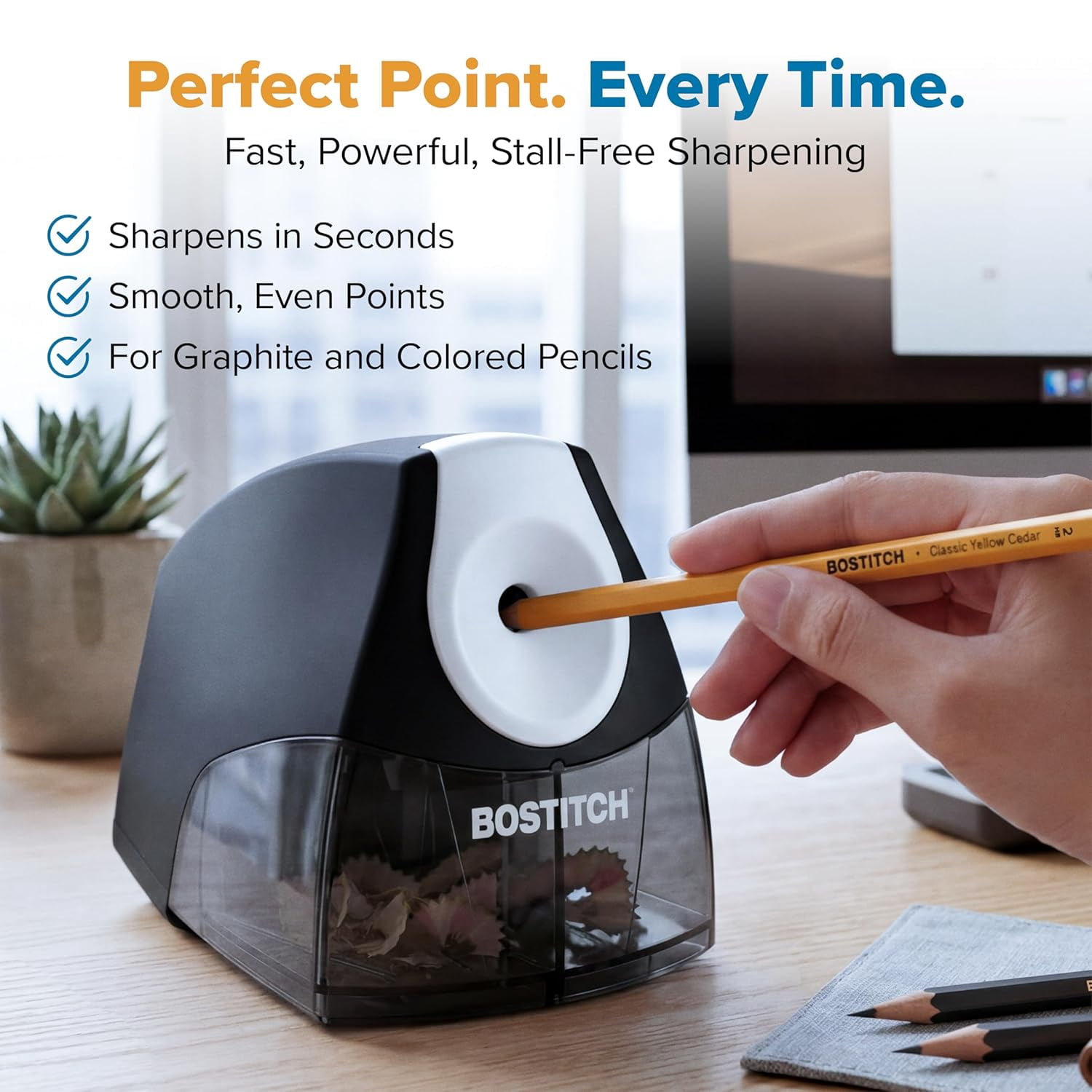 Office Electric Pencil Sharpener for Classroom & Desk Use, Heavy-Duty Stall-Free Motor, High-Capacity Shavings Tray, Black