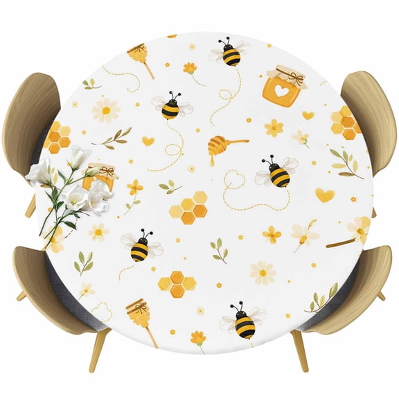 Round Table Cover 55-60 Inch Summer Bee Waterproof Reusable Table Cloth Round Fitted Vinyl Tablecloth with Elastic Edged for Parties Outdoors, Sweet Honey Spring Floral Botanical
