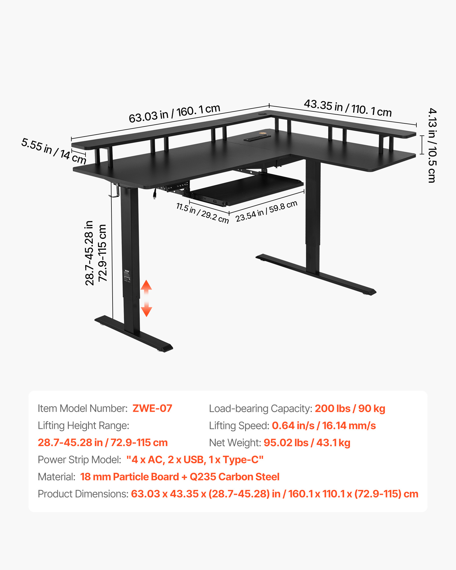 VEVOR L Shaped Desk, Electric Adjustable Height Corner Gaming Desk with Keyboard Tray and Dual Hooks, Heavy Duty L-Shaped Computer Table with Light Strip for Home Office, Easy to Assemble, Black