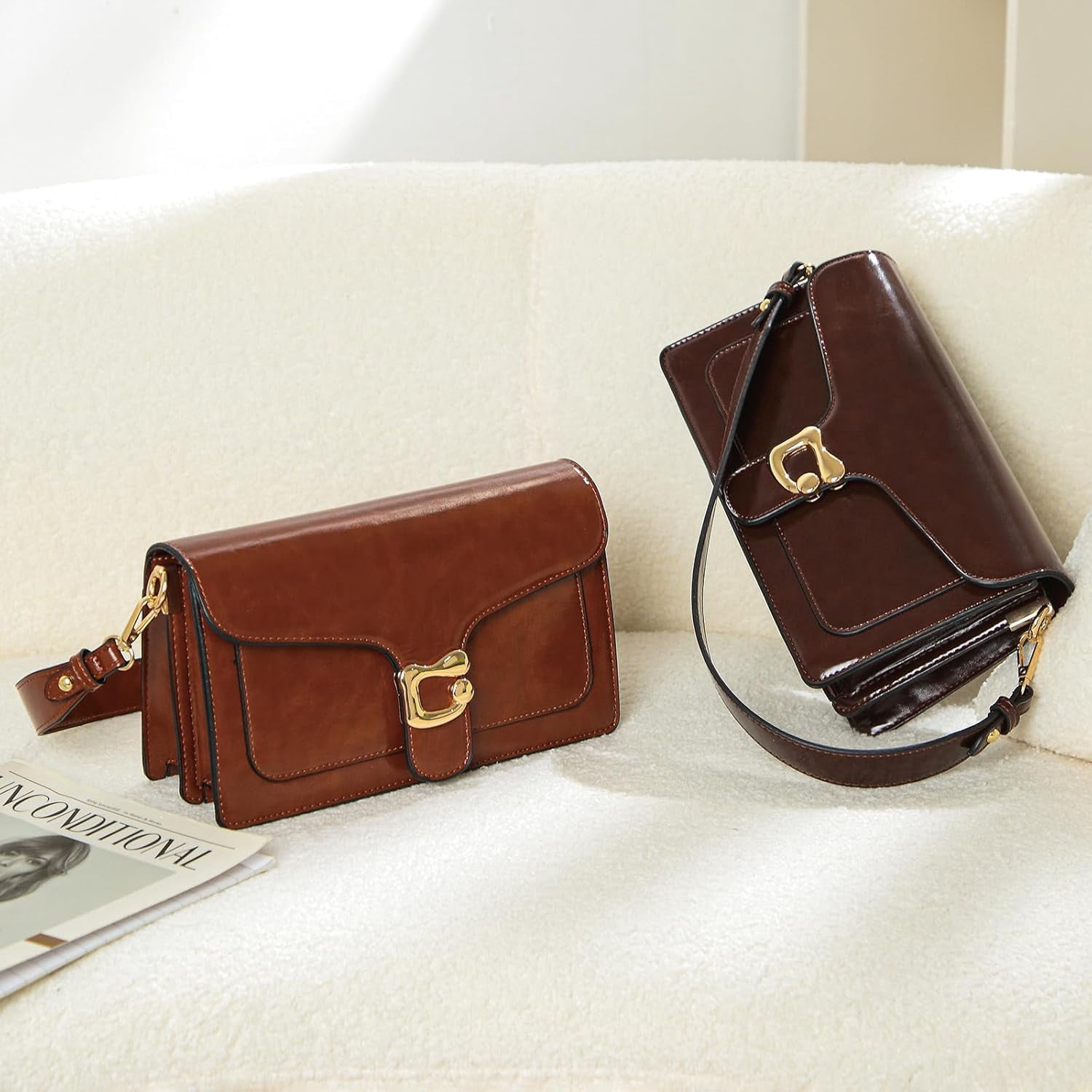 Lohol Crossbody Bags for Women Trendy - Small Cross Body Purse Shoulder Bag Leather Handbags Evening Clutch with 2 Straps(Red Brown)