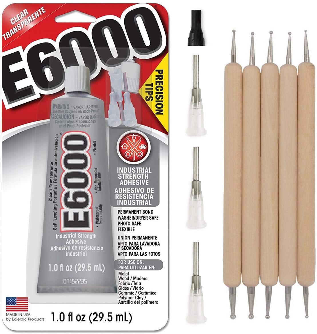 E6000 1-Ounce Tube with Precision Tips Industrial Strength Adhesive for  Crafting and Pixiss Wooden Art Dotting Stylus Pens 5 pcs Set - Rhinestone