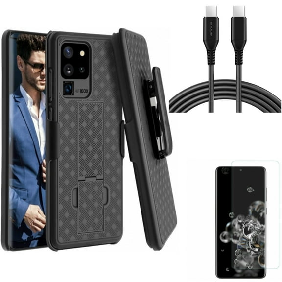 Screen Protector w 10ft Long USB-C Cable w Case Belt Clip for Samsung Galaxy S20 Ultra - Tempered Glass [Fingerprint Unlock] 3D Curved Edge, PD Fast Charger Cord Power Wire fits Galaxy S20 Ultra
