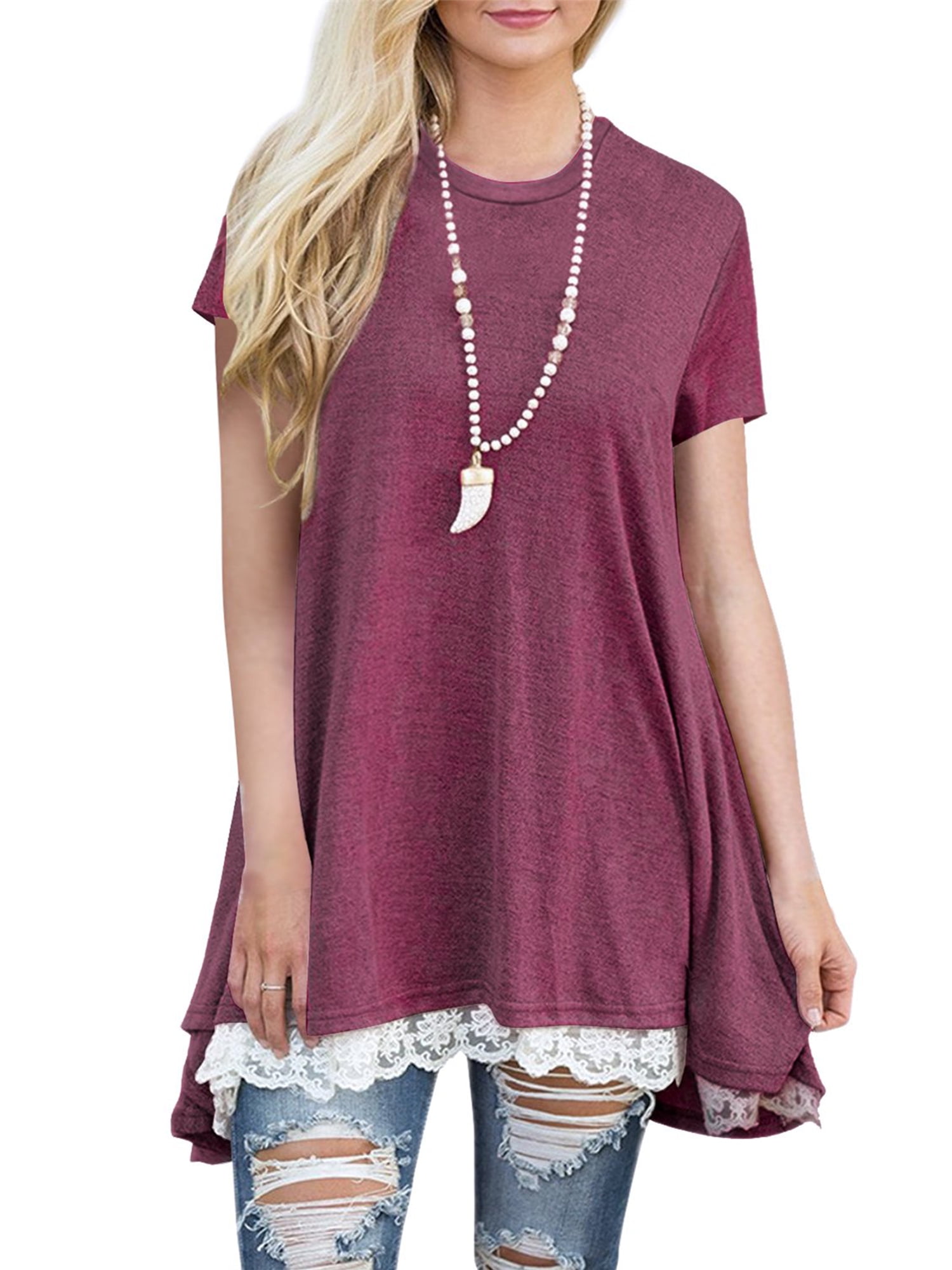 Womens Plus Size Lace Hem Tunic Tops Short Sleeve Casual Cute Blouse A