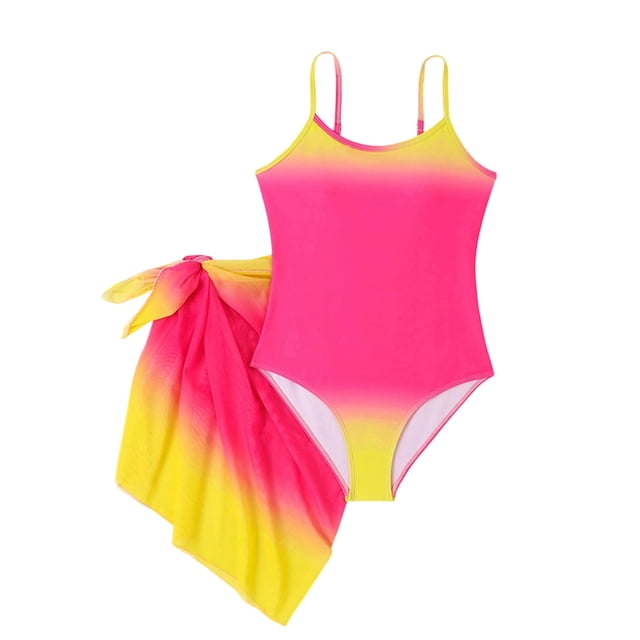 Girls 2 Piece Swimsuit, Gradient Color Print Two Piece Bathing Suit with Ruffle Skirt, Sleeveless Swimsuit Set for Beach, Pool Party, Swim Class