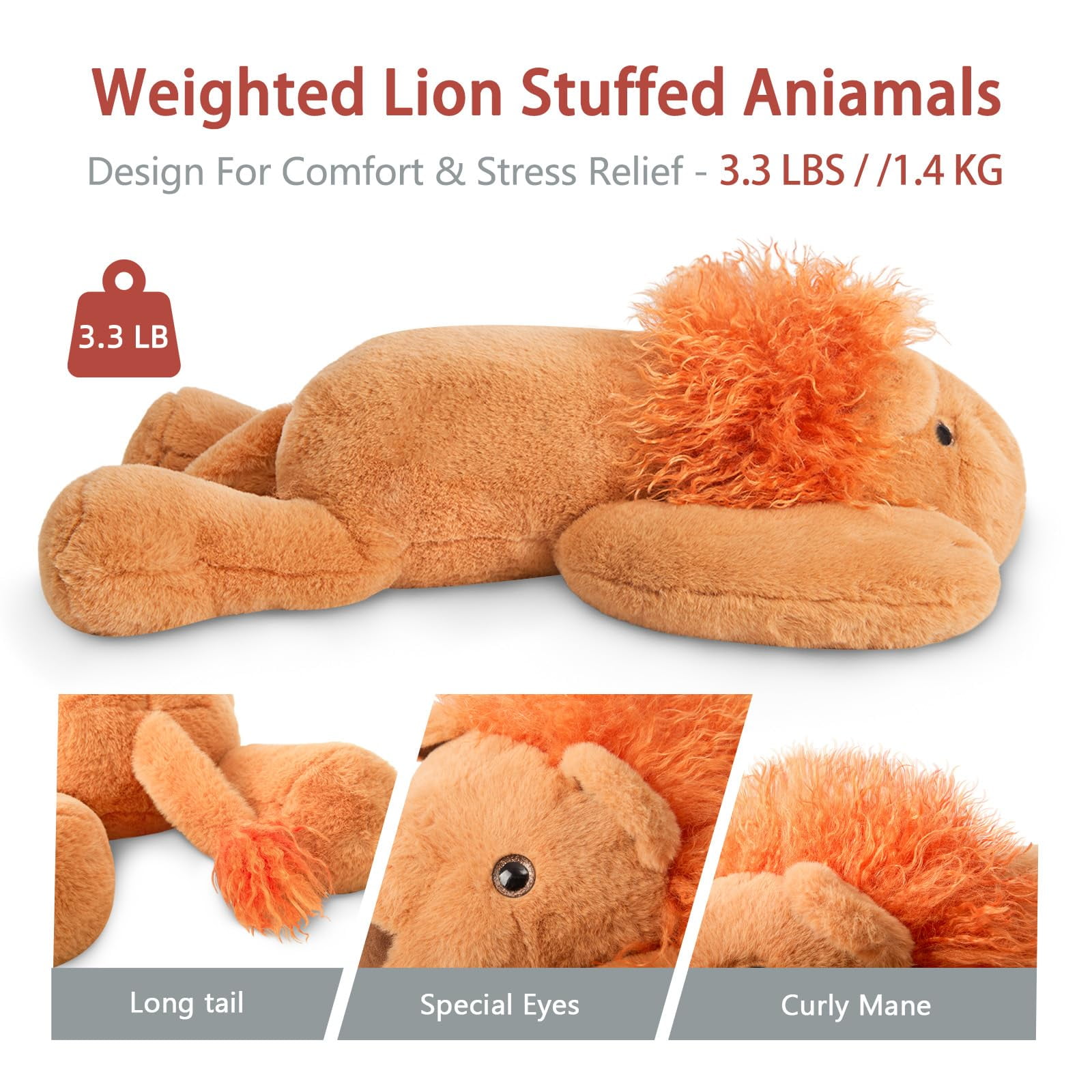 Niuniu Daddy Weighted Lion Stuffed Animals 20"Large Plush Toy,3.3lb Giant Weighted Lion Plush Animals Body Pillow with Soft Faux Fur, Cute Stuffed Animals Birthday Gift for Baby, Kids & Adults