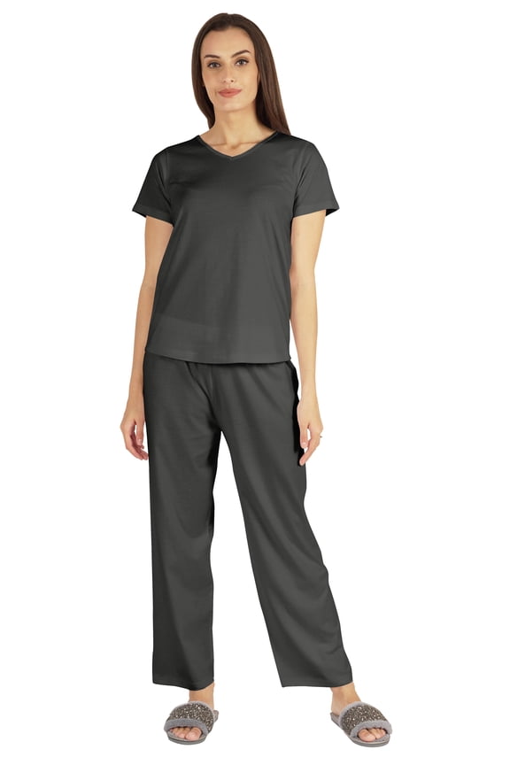 Womens 2Pcs Solid Nightwear Set Short Sleeves Top & Pajama Sets Soft Cotton Loungewear