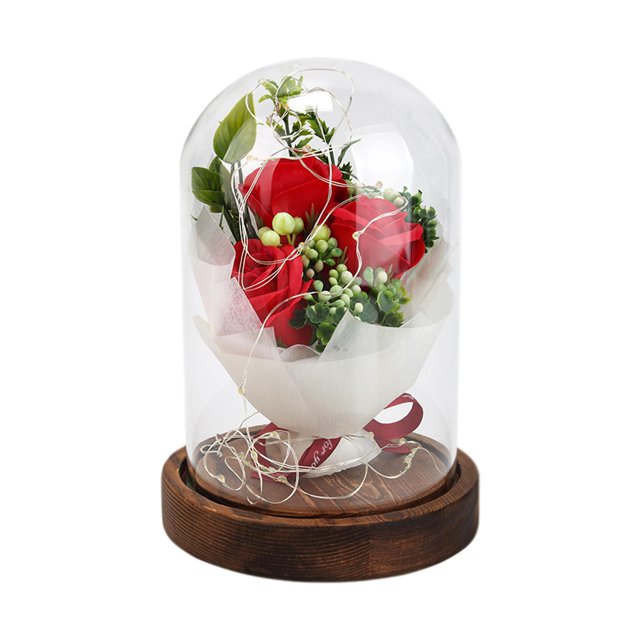 La luz LED de flores artificiales ilumina la rosa en la cúpula de cristal para la Navidad del Día de la Madre Rojo Zulema Rosa simulada