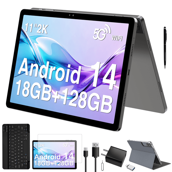 Latest 11 inch Android Tablet with Gemini AI, 2-in-1 Tablet with Keyboard and Pen, 18GB RAM 128GB ROM 1TB Expand, 2K Display Octa-Core, 13MP Camera 9000mAh Battery, GPS Face ID, Quad Speakers