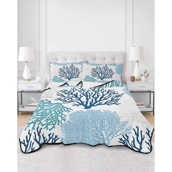 Quilts Queen Size, Navy Blue Coastal Soft Comforter Bedding Set for Bed, Turquoise Coral Ocean Modern Sea Lightweight Quilted Bedspread with Pillow Cover(2 Pieces) for All Season, 90x96 Inch