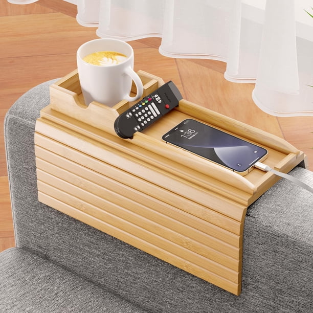 Bestjing Bandeja para apoyabrazos de sofá de bambú - Bandeja para brazo de sofá con portavasos desmontable para sofá - Mesa plegable antideslizante para sofá - Portavasos para bebidas, teléfono celula