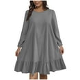 thumbnail image 3 of Wiyuqeen Plus Size Dresses for Women Long Sleeve Crew Neck Solid Ruffle Hem Knee Length Dress Casual Wedding Guest Party Dresses, 3 of 7